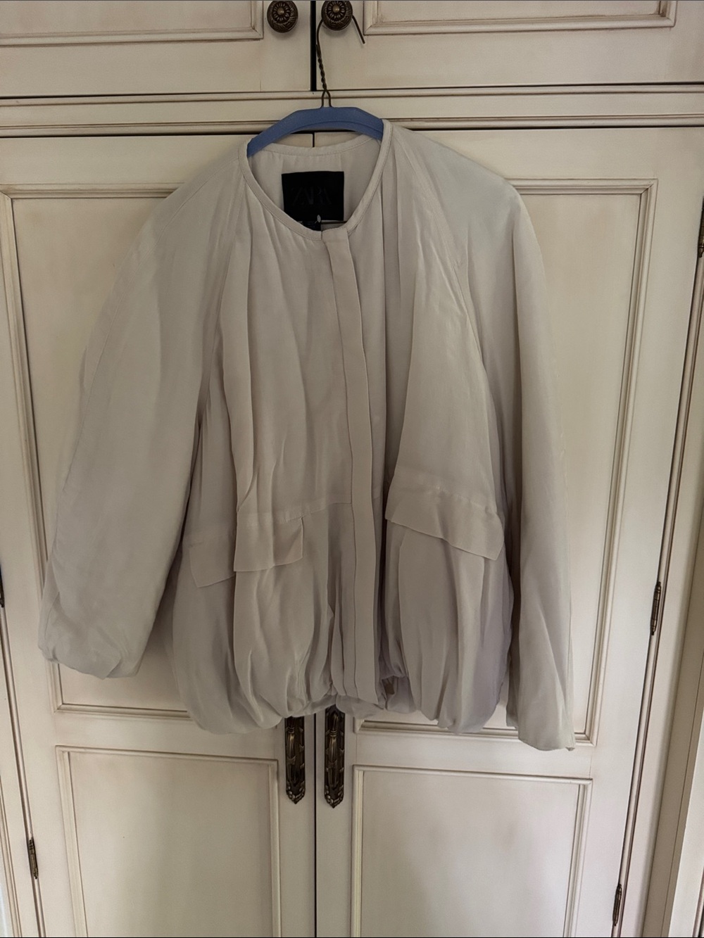 Zara Cream Bomber Jacket with Draped Pockets